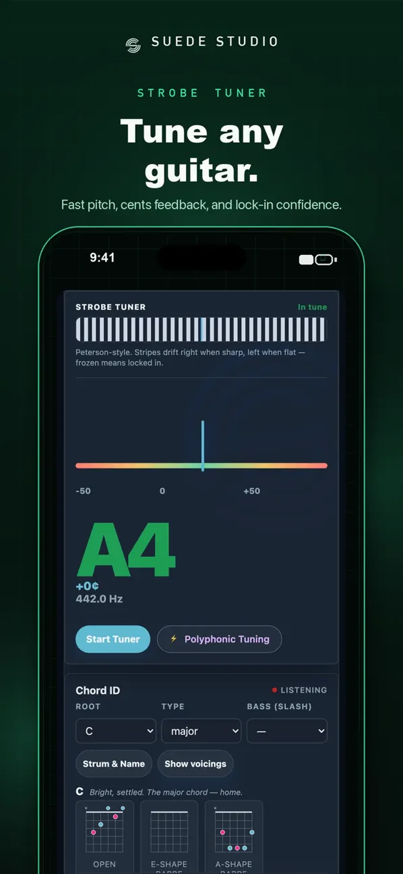 Suede Guitar Tuner & Studio app: strobe tuner screen