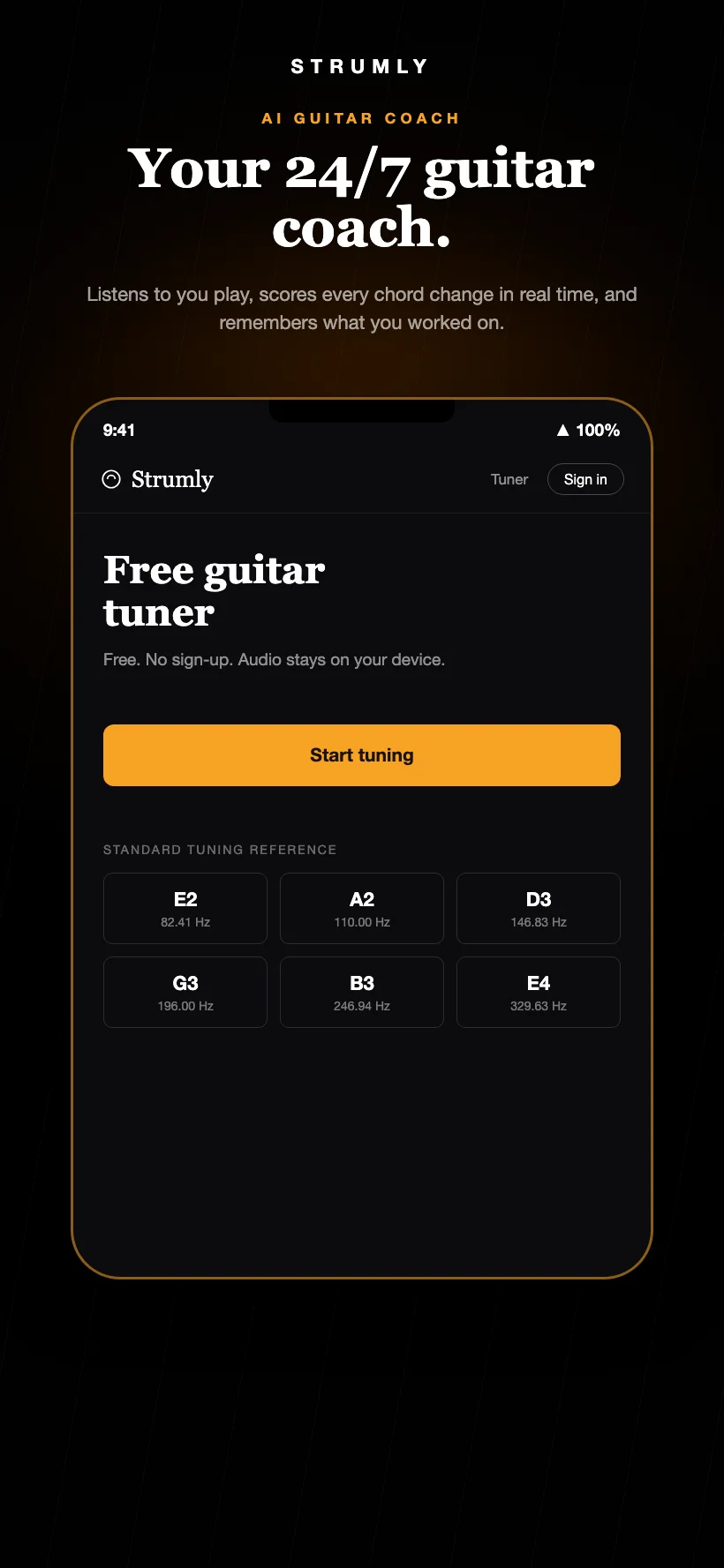 Strumly app: free guitar tuner screen