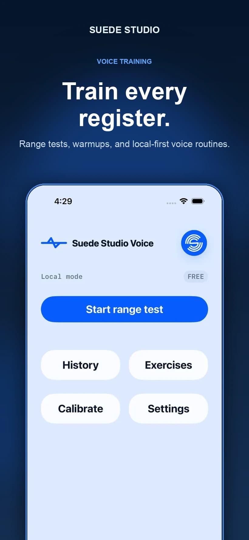 Suede Voice app: vocal range test screen