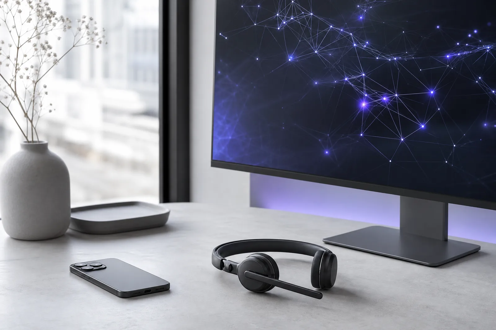 A phone and headset beside a monitor showing a workflow of connected indigo nodes