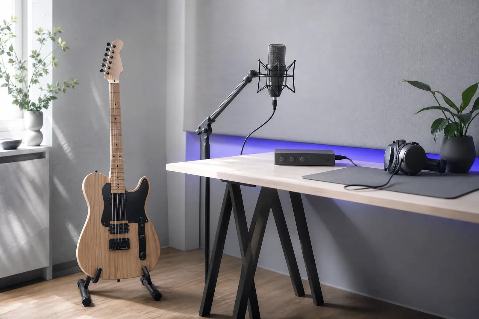A home studio with an electric guitar, a condenser microphone and headphones