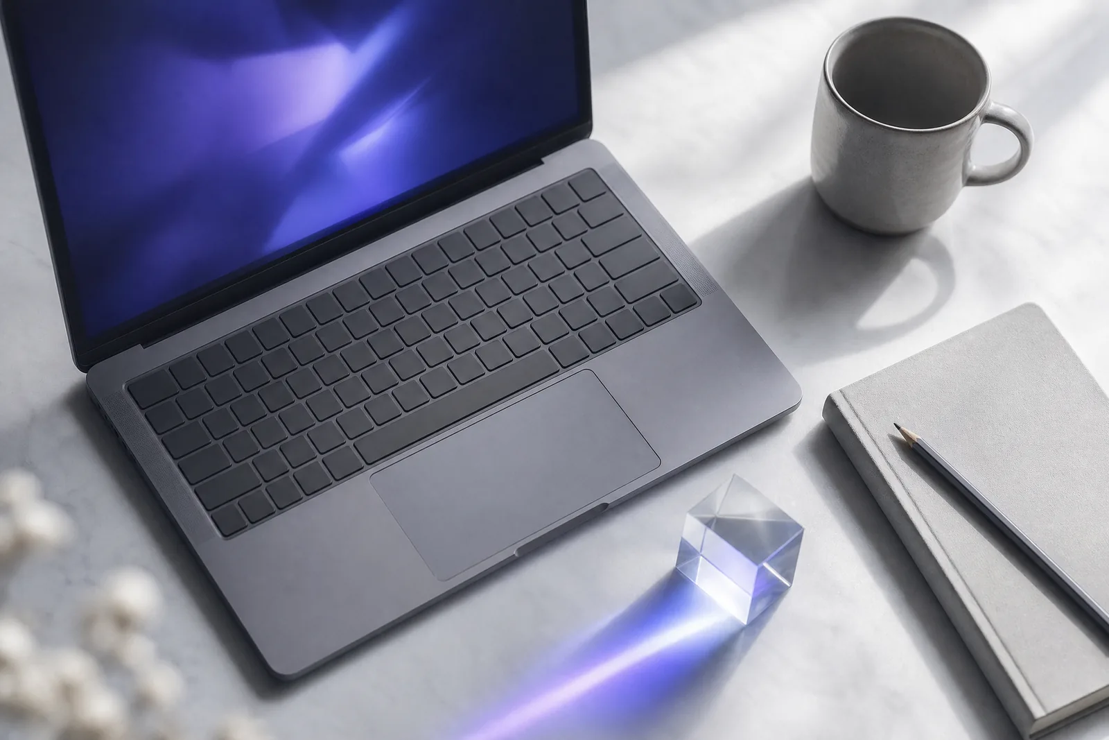 A laptop on a white desk, its screen glowing with soft indigo light