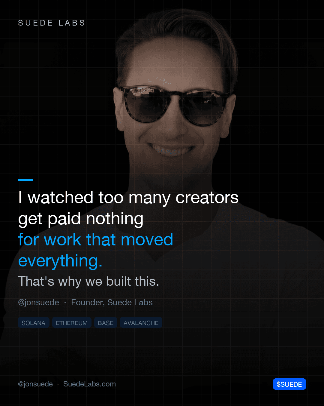 Jason Colapietro smiling in tortoiseshell sunglasses against a black background; card text: “I watched too many creators get paid nothing for work that moved everything.”