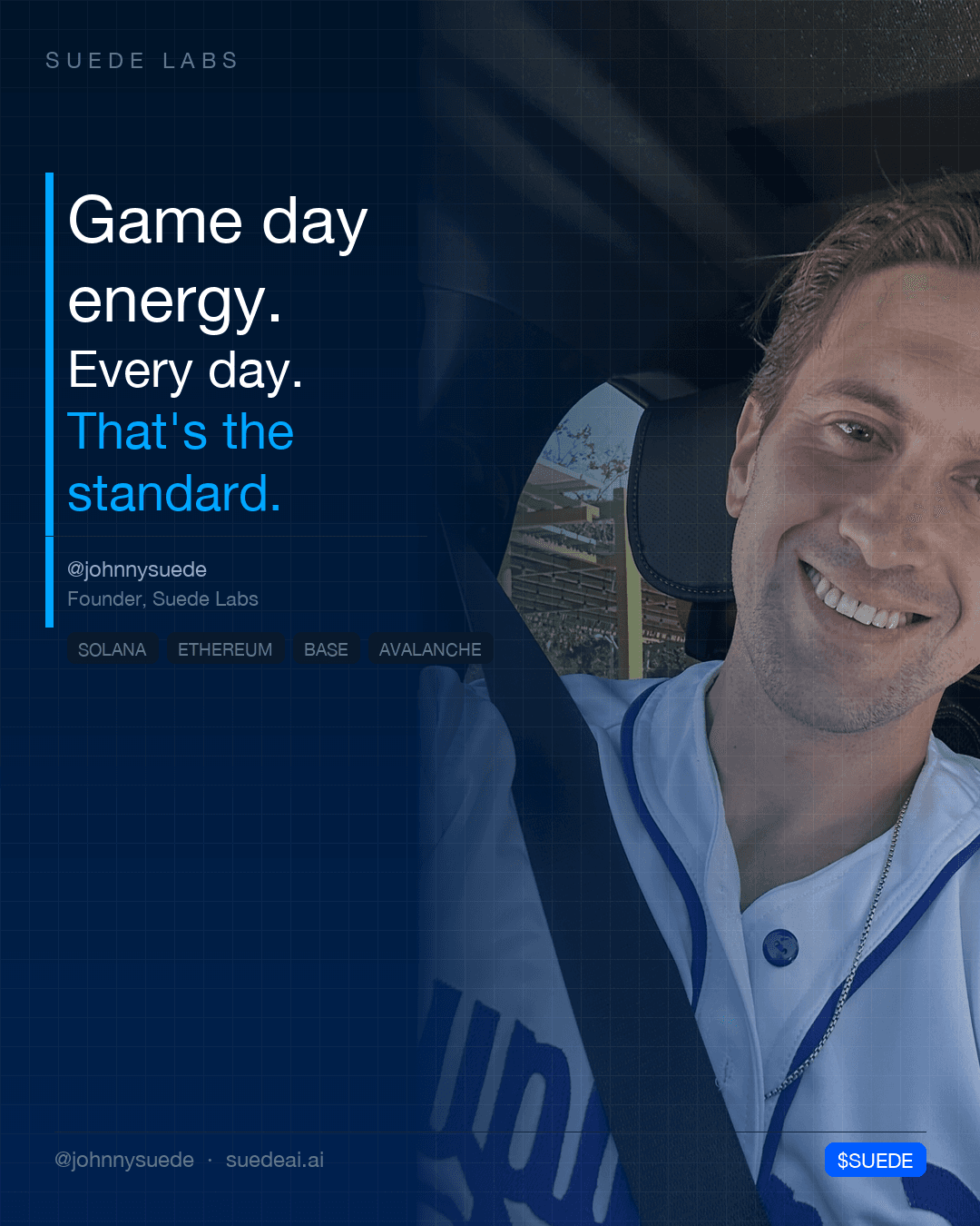 Jason Colapietro smiles from a car seat in a white baseball jersey beside a deep blue panel; card text: “Game day energy. Every day. That's the standard.”