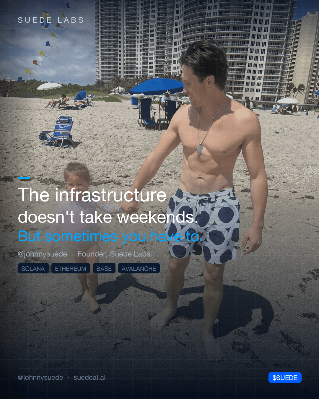 Jason Colapietro walks across wet sand holding a small child's hand, beach umbrellas and a high-rise behind; card text: “The infrastructure doesn't take weekends.”