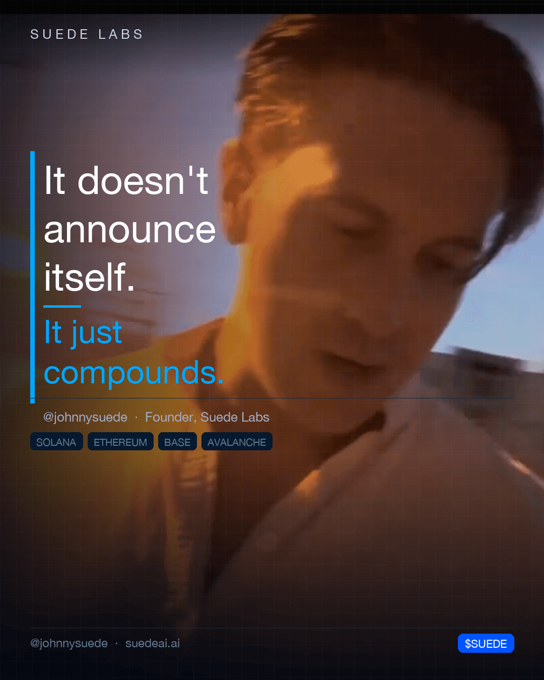 Warm, motion-blurred close frame of Jason Colapietro looking down; card text: “It doesn't announce itself. It just compounds.”