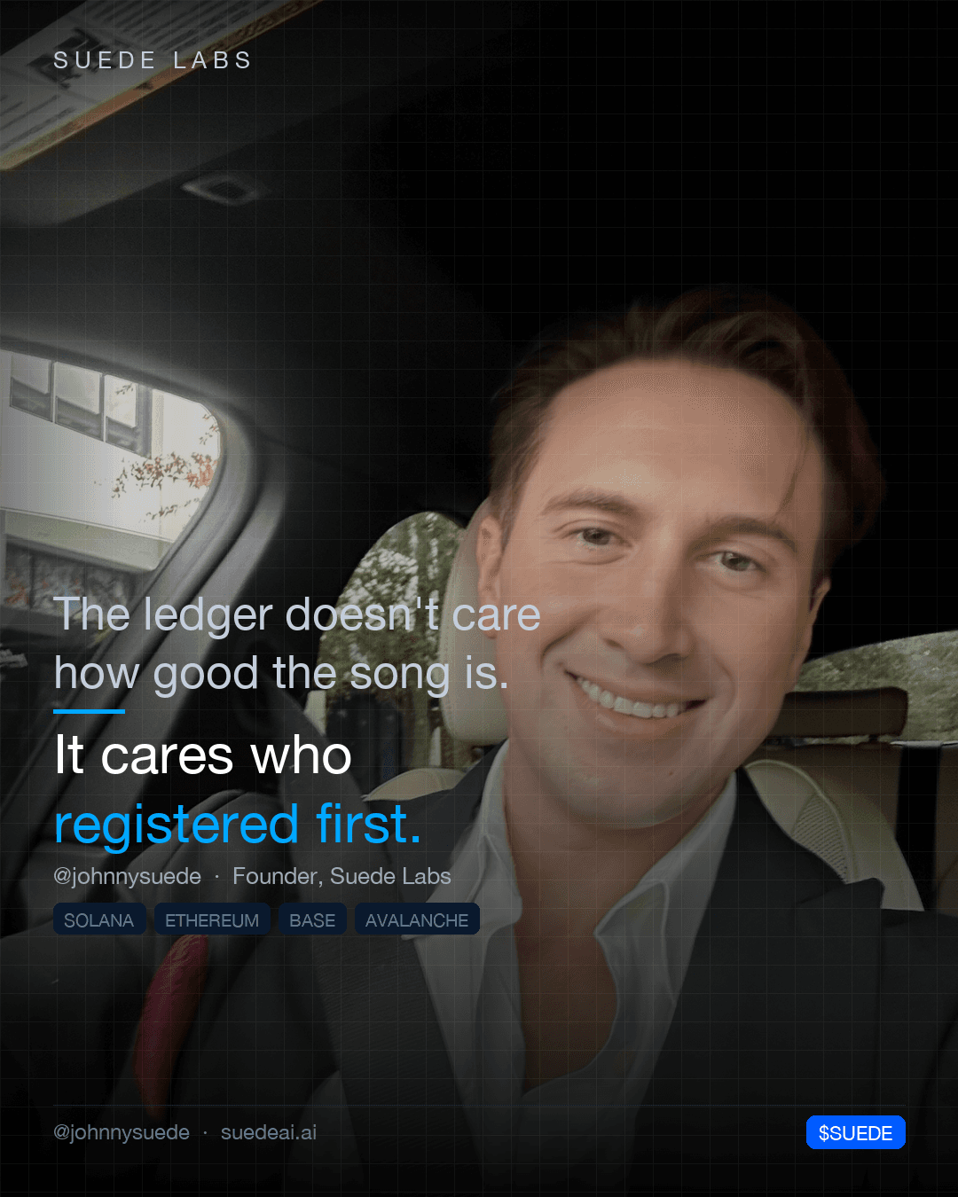 Jason Colapietro smiles from a car seat in a dark blazer and white open-collar shirt; card text: “The ledger doesn't care how good the song is. It cares who registered first.”