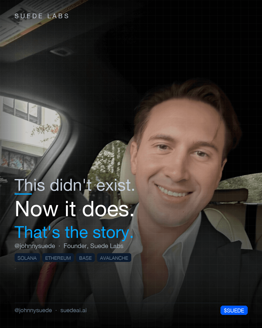 Jason Colapietro smiles from a car seat in a dark blazer and white shirt; card text: “This didn't exist. Now it does. That's the story.”