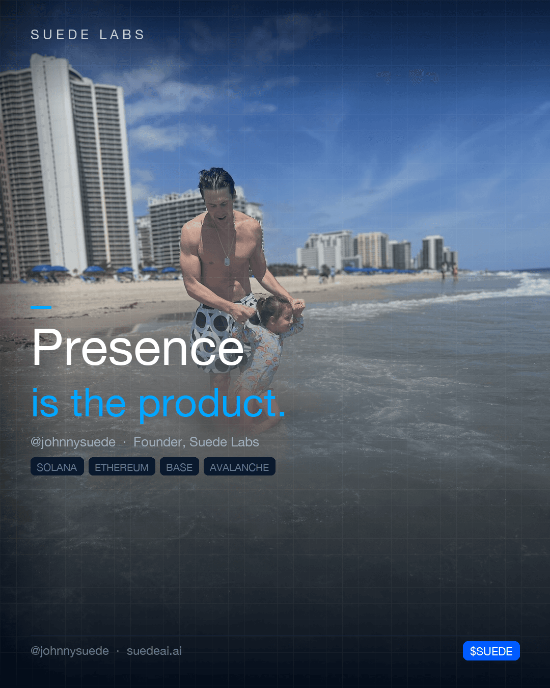 Jason Colapietro walks the waterline holding a small child's hand, high-rises and a long beach behind; card text: “Presence is the product.”