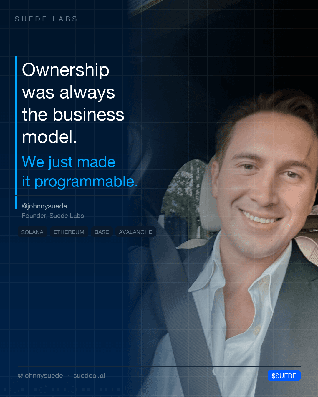 Jason Colapietro smiles from a car seat in a dark blazer and white shirt beside a deep blue panel; card text: “Ownership was always the business model. We just made it programmable.”