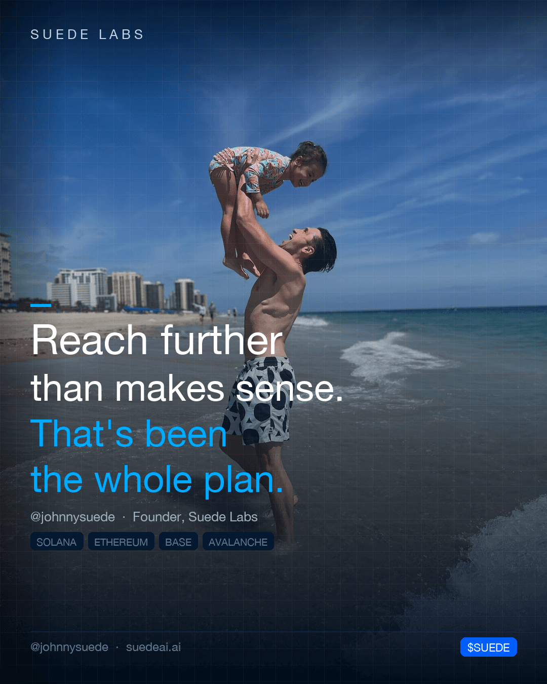 Jason Colapietro leans back in the surf lifting a child toward the sky, beach towers behind; card text: “Reach further than makes sense. That's been the whole plan.”