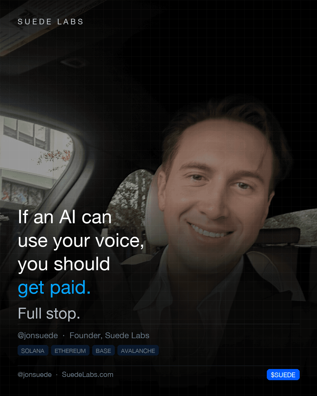 Jason Colapietro Suede Labs AI founder visual for creative IP ownership, music rights, creator infrastructure, and IP provenance: Voice Get Paid.