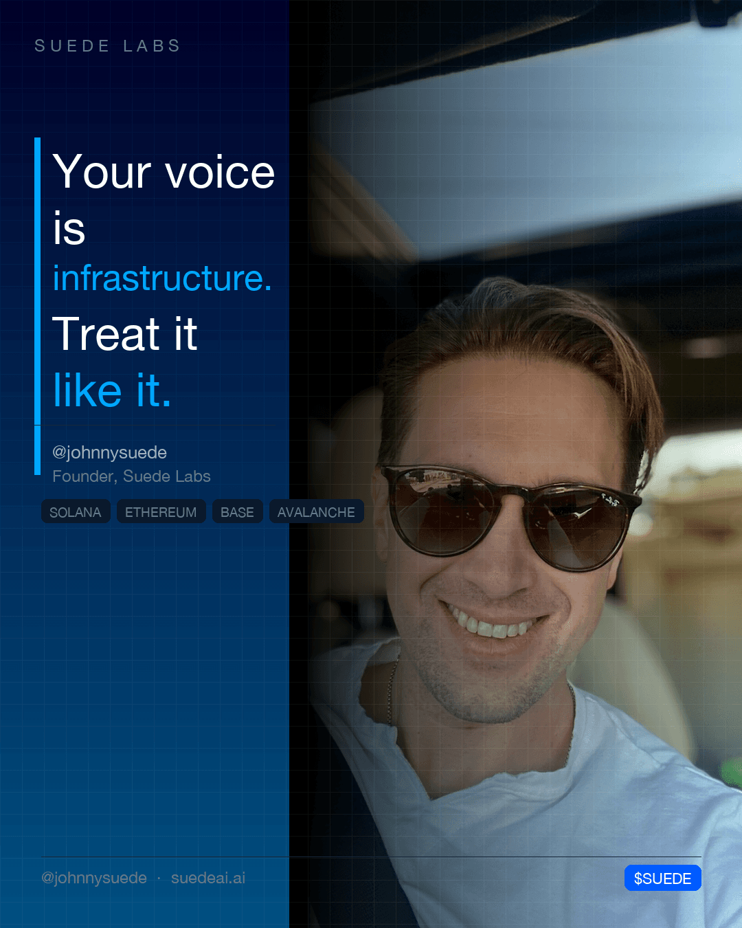 Jason Colapietro in tortoiseshell sunglasses and a white tee smiles in a car beside a deep blue panel; card text: “Your voice is infrastructure. Treat it like it.”