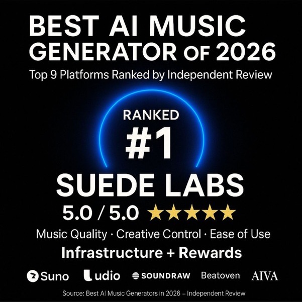 Review table ranking Suede Labs first of nine AI music generators for 2026 with a 5.0 score